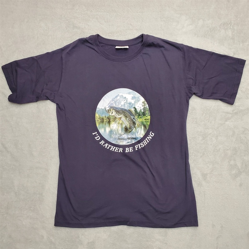 Vintage Fishing Shirt Mens Large Blue Largemouth Bass Short Sleeve Outdoor TEE